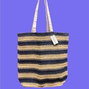 Blue and Cream Striped Tote Bag with Crochet Design